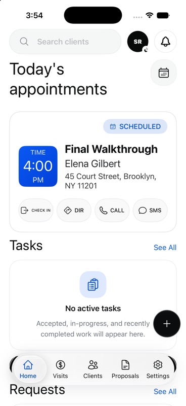 ScopeCue mobile home screen showing today's appointments, tasks, and bottom navigation.
